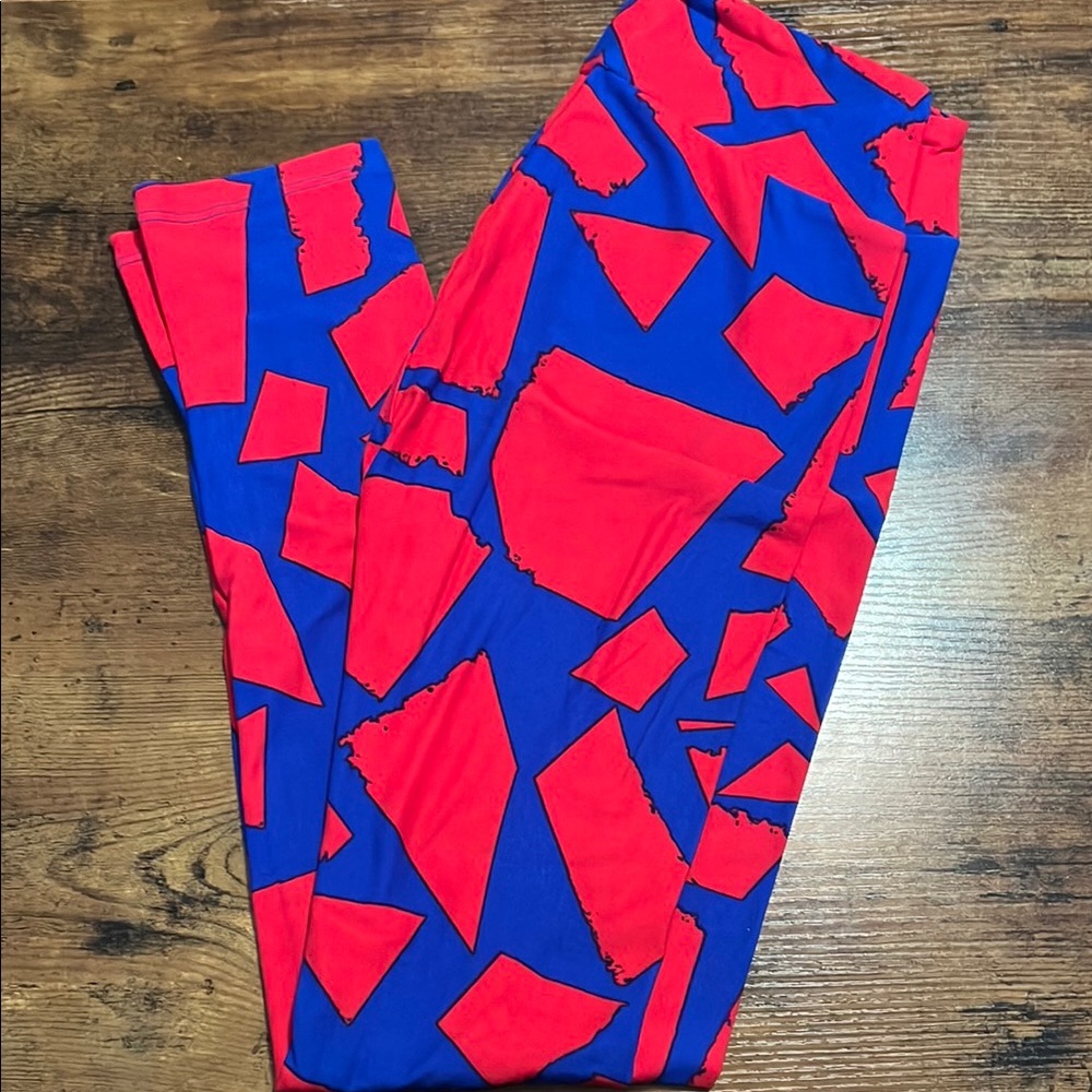 LuLaRoe Red and Blue Leggings with Geometric Pattern